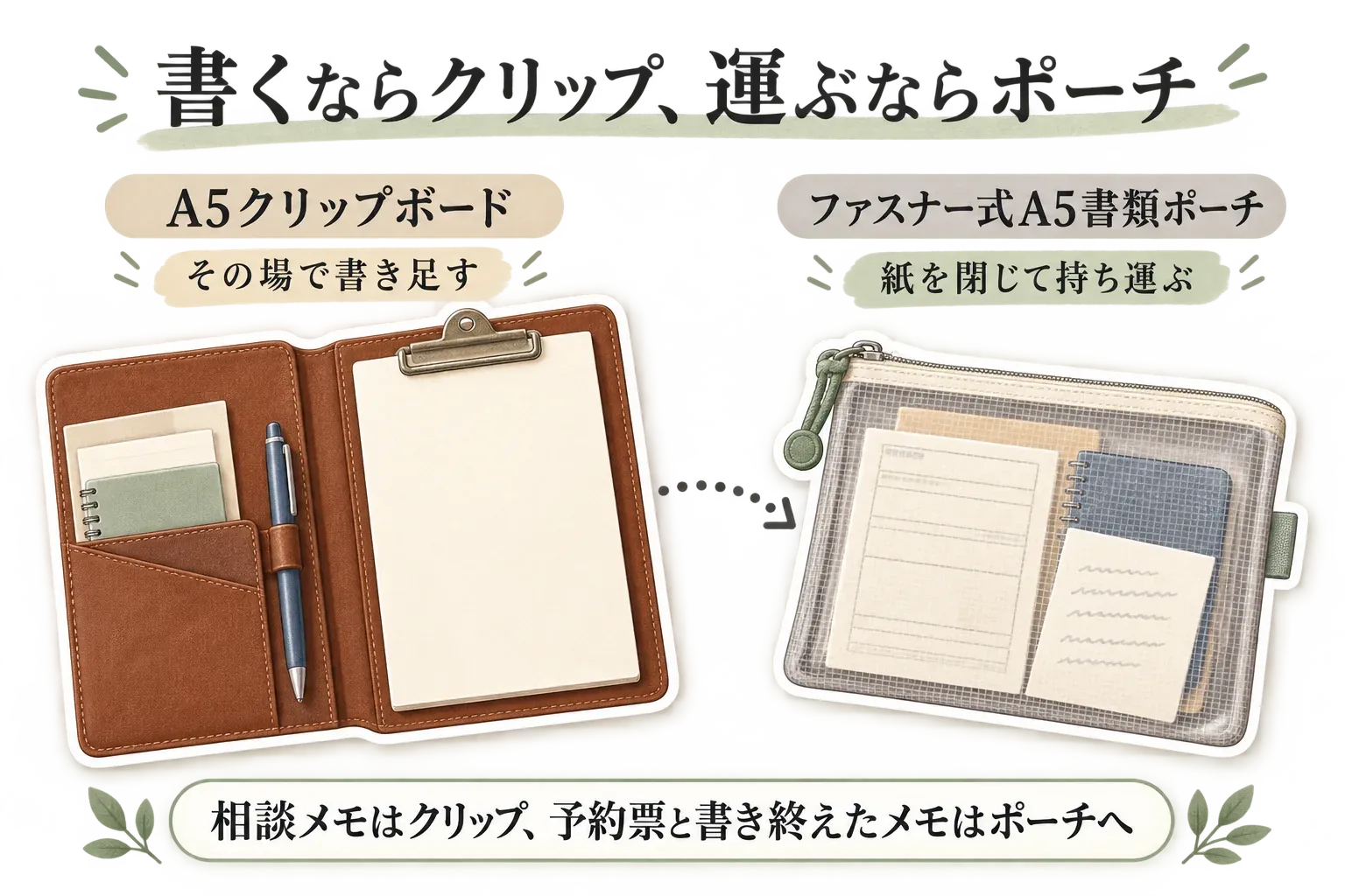 A5クリップボードに相談メモを挟んでその場で書き足す場面と、ファスナー式A5書類ポーチに予約票と書き終えたメモを入れて持ち運ぶ場面を示す図。相談メモはクリップボード、予約票と書き終えたメモはポーチへ分ける。出典：記事本文