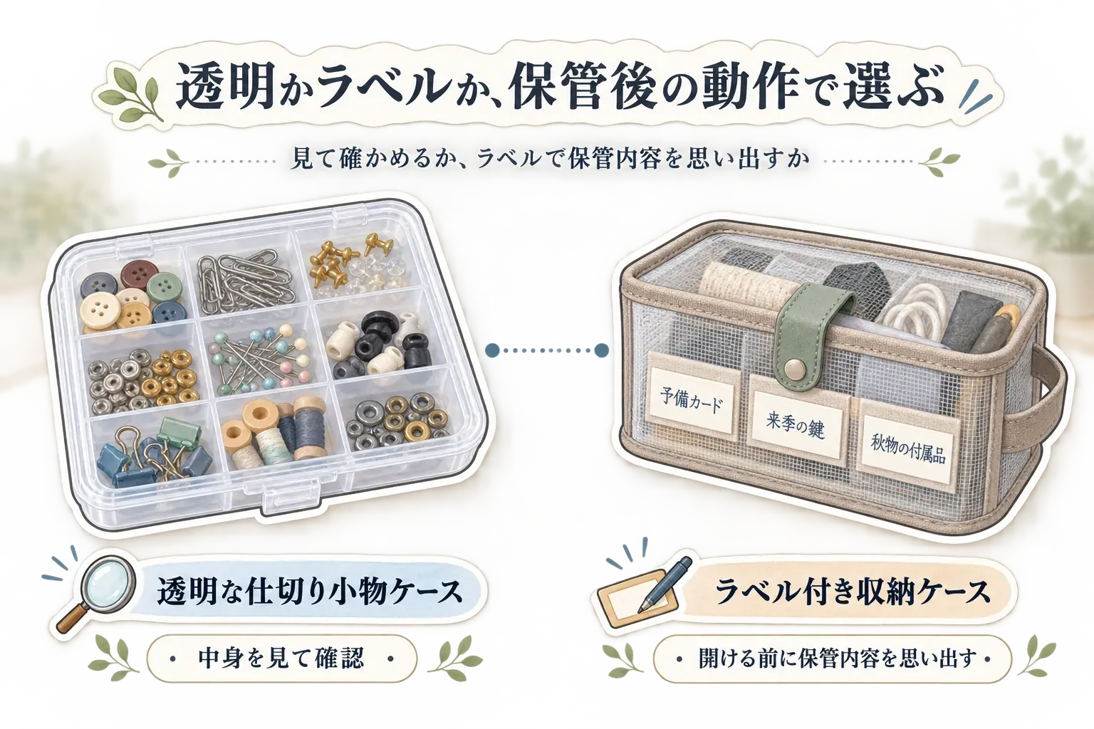透明な仕切り小物ケースとラベル付き収納ケースの選び方を示す図。透明ケースは中身を見て確認し、ボタン・クリップ・画びょうなどを区画ごとに分けている。ラベル付きケースはコード・鍵・布製の付属品を収め、「予備カード」「来季の鍵」「秋物の付属品」などのラベルで、開ける前に保管内容を思い出す。出典：記事本文