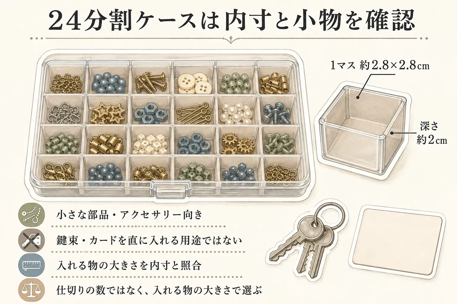 24分割の透明小物ケースと、1マス約2.8×2.8cm・深さ約2cmの内寸を示す図。小さな部品やアクセサリー向けで、鍵束やカードを直接入れる用途ではなく、入れる物の大きさを内寸と照合して選ぶ。出典：記事本文、商品説明