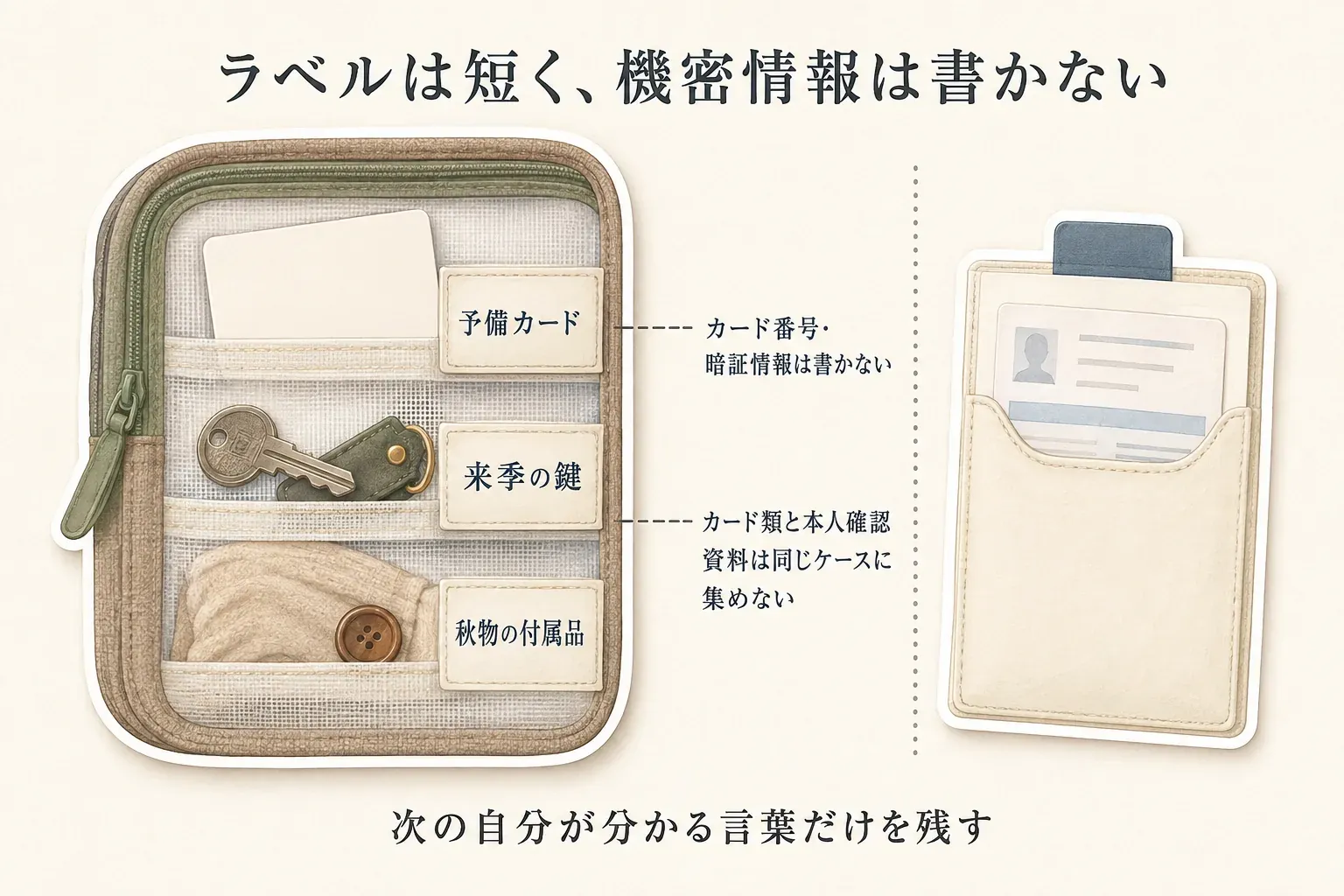 ラベル付きケースに「予備カード」「来季の鍵」「秋物の付属品」と短く記す例と、カード番号・暗証情報を書かず、カード類と本人確認資料を同じケースに集めない注意を示す図。ケースの3段ポケットにはカード、鍵、ボタン付きの布製付属品が分けて収められ、本人確認資料は別のカード入れに保管されている。ラベルは次に探す自分が分かる短い言葉にし、機密情報を含めない。保管時の安全な例を示す。出典：記事本文、全国銀行協会