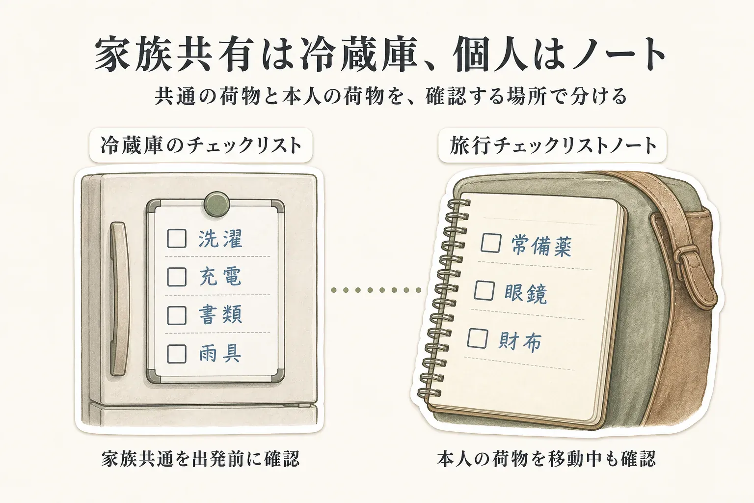 家族共通の持ち物は冷蔵庫に貼るマグネット式チェックリストで出発前に全員が確認し、個人の持ち物は旅行チェックリストノートをバッグに入れて移動中や帰省先でも本人が確認する使い分けを示す図。出典：記事本文