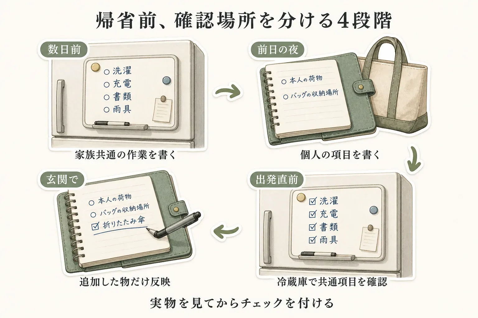 秋の連休・帰省の準備を、数日前は冷蔵庫のToDoに家族共通の作業、前日の夜は各自の旅行ノートに個人の持ち物と収納場所、出発直前は冷蔵庫の共通項目とノートの個人項目、玄関では追加した物をリストへ反映する順で確認する流れを示す図。出典：記事本文