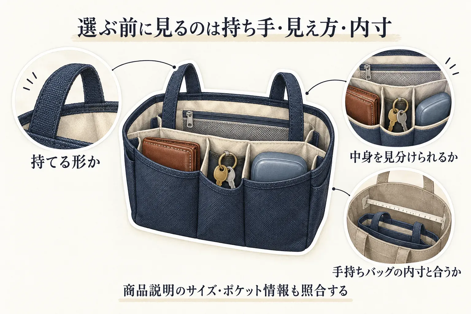 持ち手付きバッグインバッグ、財布、鍵、眼鏡ケースを描き、選ぶ前に持てる形、中身を見分けられるか、手持ちバッグの内寸と合うか、商品説明のサイズ・ポケット情報を照合する4項目を示す図。出典：記事本文