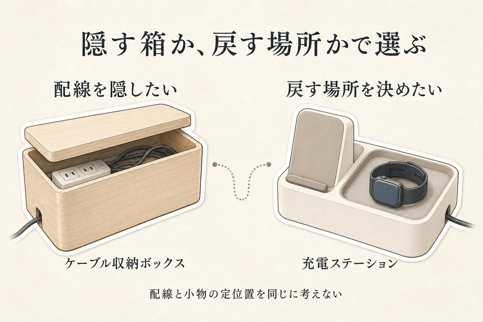 配線を隠したい場合の、電源タップとコードを収めた木製ケーブル収納ボックスと、スマホを立ててスマートウォッチなどの小物をトレーへ戻す場合の充電ステーションを並べ、配線と小物の定位置を同じに考えないことを示す図。出典：記事本文