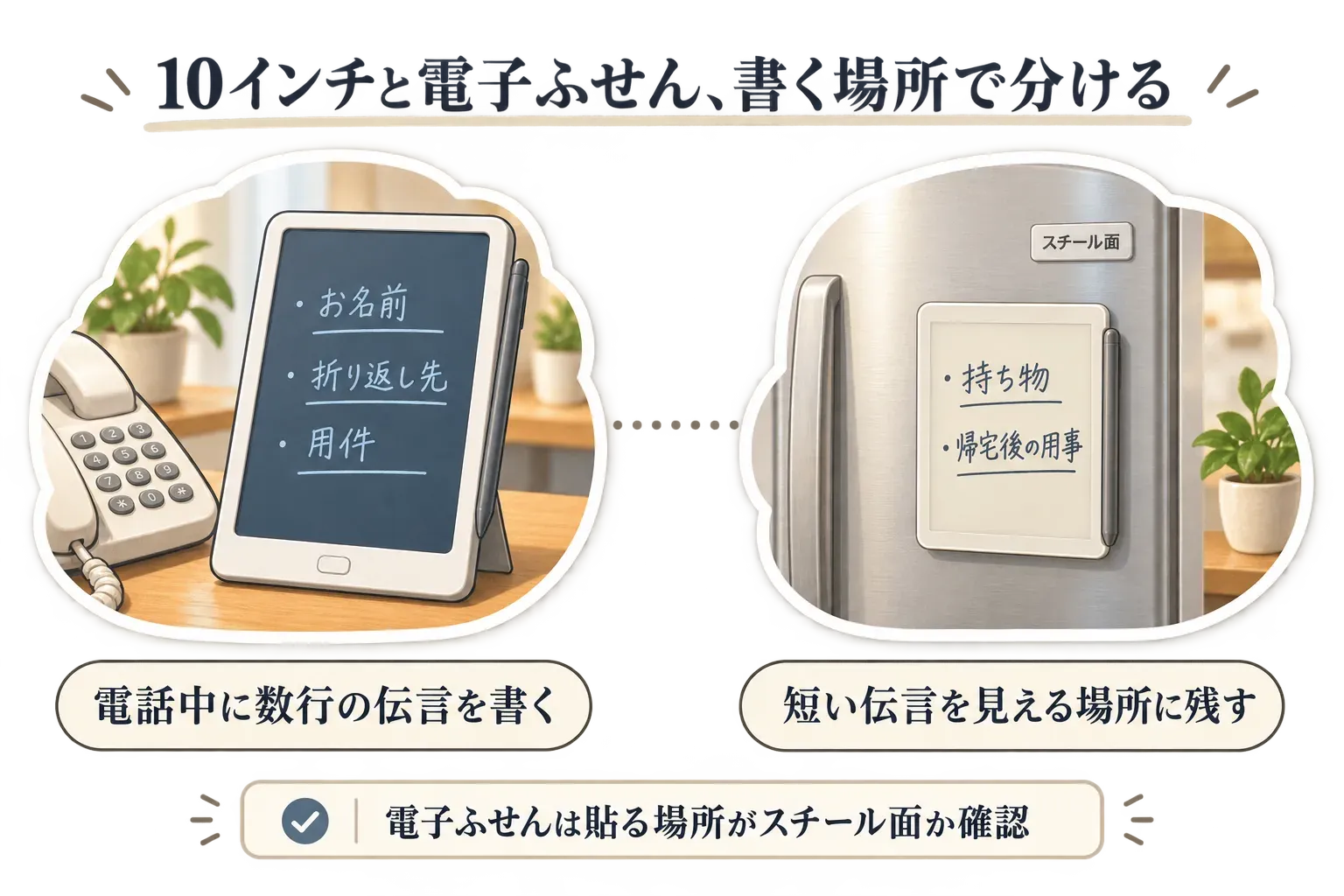 10インチ電子メモパッドを電話の横に置き、「お名前・折り返し先・用件」の数行を書いた場面と、スチール製冷蔵庫に電子ふせんを貼り、「持ち物・帰宅後の用事」の短い伝言を残した場面。電子ふせんは貼る場所がスチール面か確認する。出典：記事本文