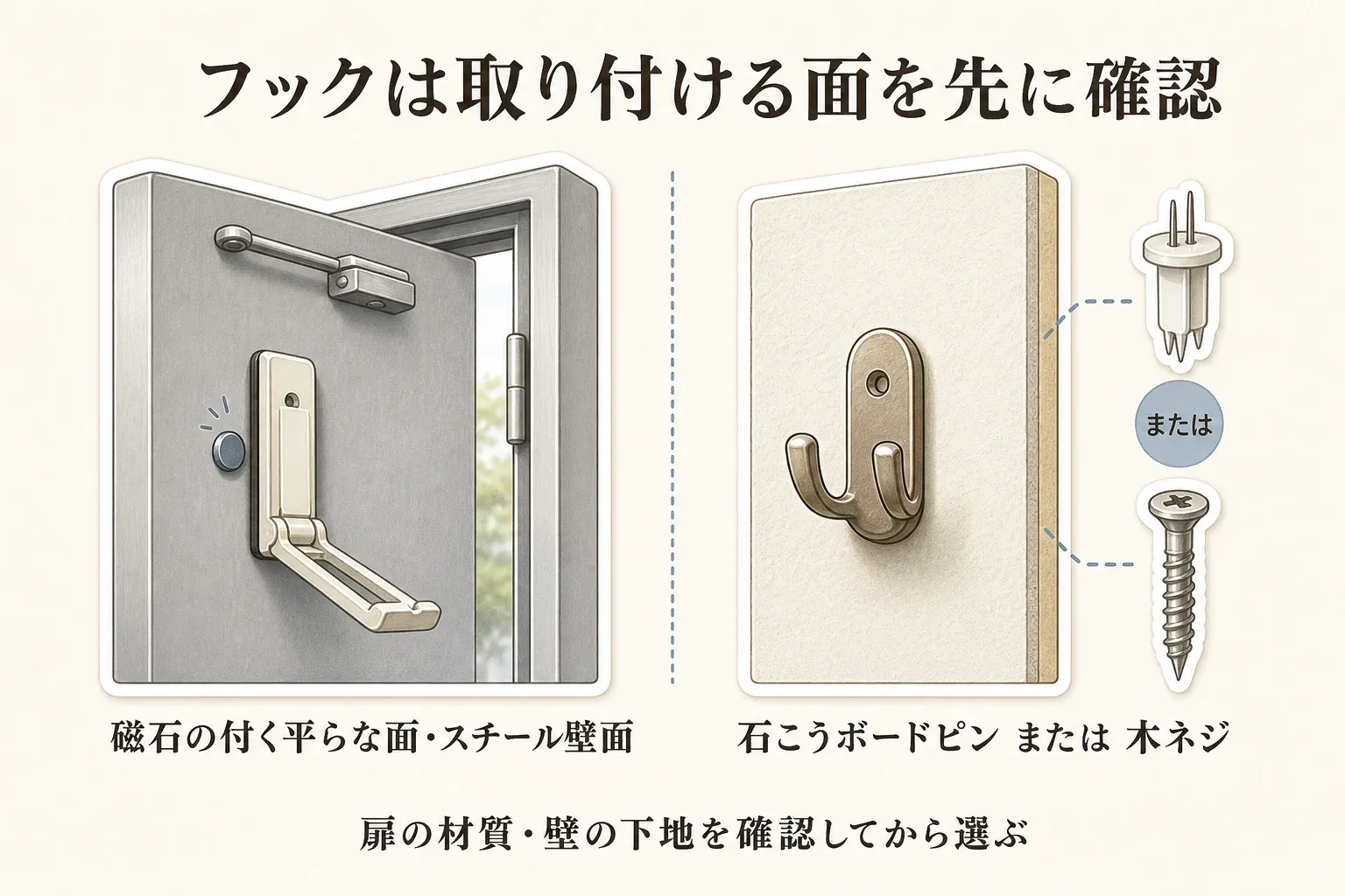 フックの取り付け面を確認する図。磁石が付く平らな面・スチール壁面にはマグネットフックを取り付け、石こうボードの壁には石こうボードピンまたは木ネジで壁付けフックを取り付ける。扉の材質と壁の下地を確認してから選ぶことを示している。出典：記事で確認した商品説明、記事本文