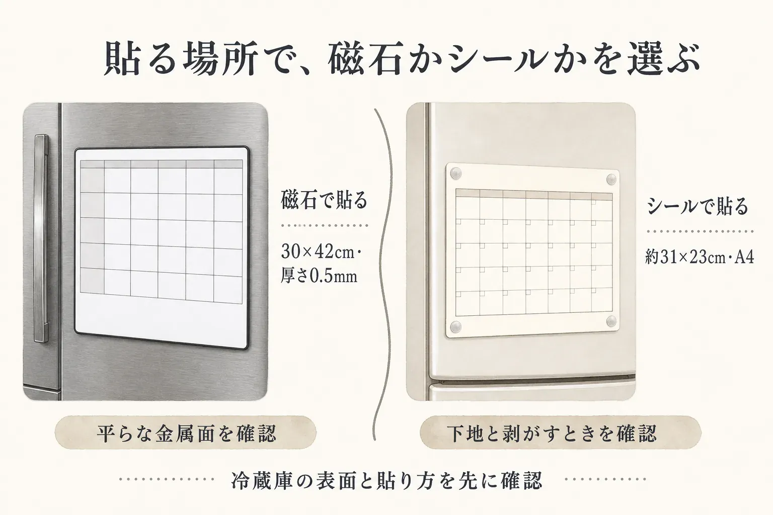 平らな金属面には磁石で予定表を貼り、磁石が付かない扉にはシールでカレンダーを貼る選択を示す図。磁気シートは30×42cm・厚さ0.5mm、貼り付け式は約31×23cm・A4で、下地と剥がすときの注意を確認する。出典：記事で確認した商品説明