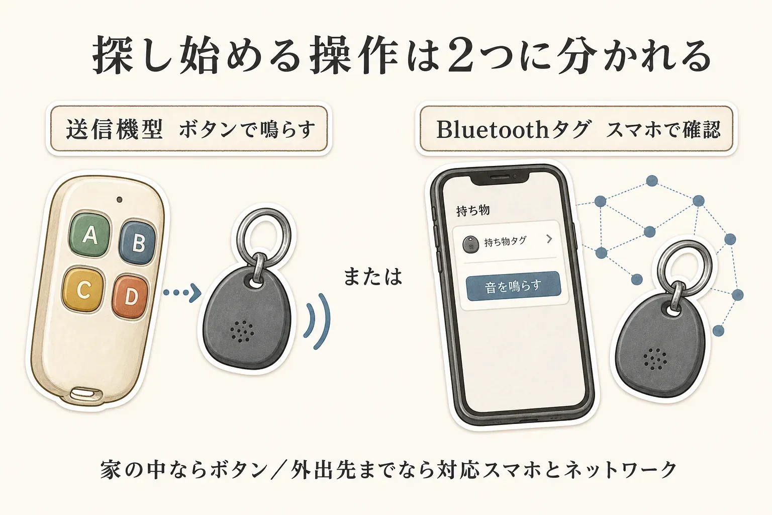 送信機型は親機のボタンから対応する子機を鳴らして近くの物を音で探し、Bluetooth紛失防止タグはスマホから近くの音を鳴らすか、対応ネットワークで離れた場所の位置を確認する流れを示した図。出典：厚生労働省「認知症の人にやさしい福祉用具」、政府広報オンライン「紛失防止タグ」、記事本文