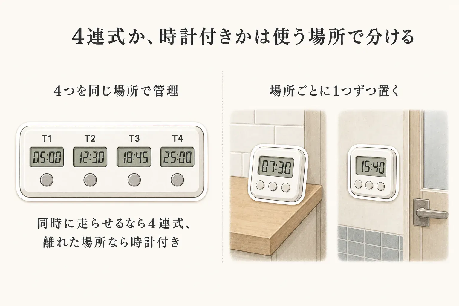 4つの表示を備えた4連タイマーで同じ場所の複数の用事を管理する方法と、キッチン・浴室など離れた場所に時計付きタイマーを1台ずつ置く方法を並べた図。同時に走らせるなら4連式、離れた場所なら時計付きを選ぶ。出典：記事本文