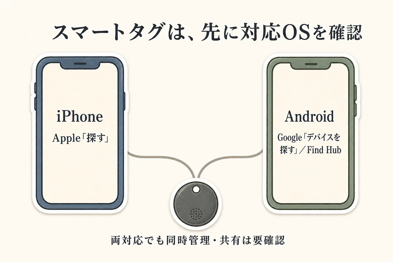 スマートタグはiPhoneではAppleの「探す」、AndroidではGoogleの「デバイスを探す」またはFind Hubへの対応を先に確認し、両対応商品でも同時管理・OS間共有は要確認であることを示す図。出典：記事で確認した商品説明