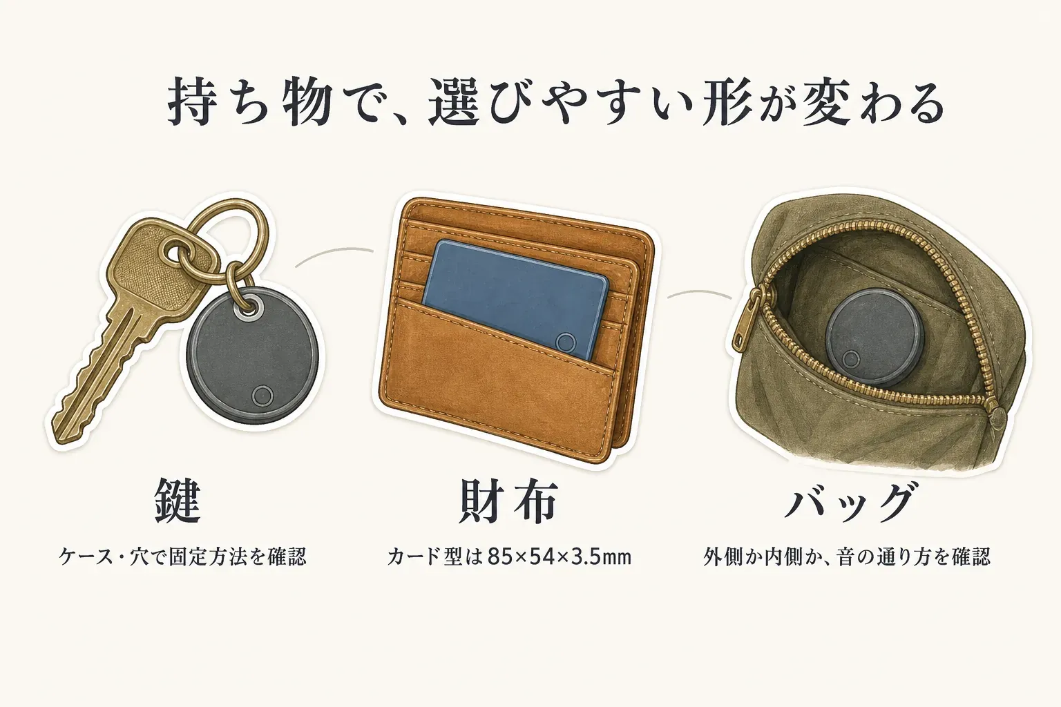 スマートタグを持ち物別に選ぶ形を示す図。鍵にはケースや穴で固定する本体、財布には85×54×3.5mmのカード型、バッグには外側または内側へ入れる本体を示し、バッグでは音の通り方も確認すると案内している。出典：記事で確認した商品説明