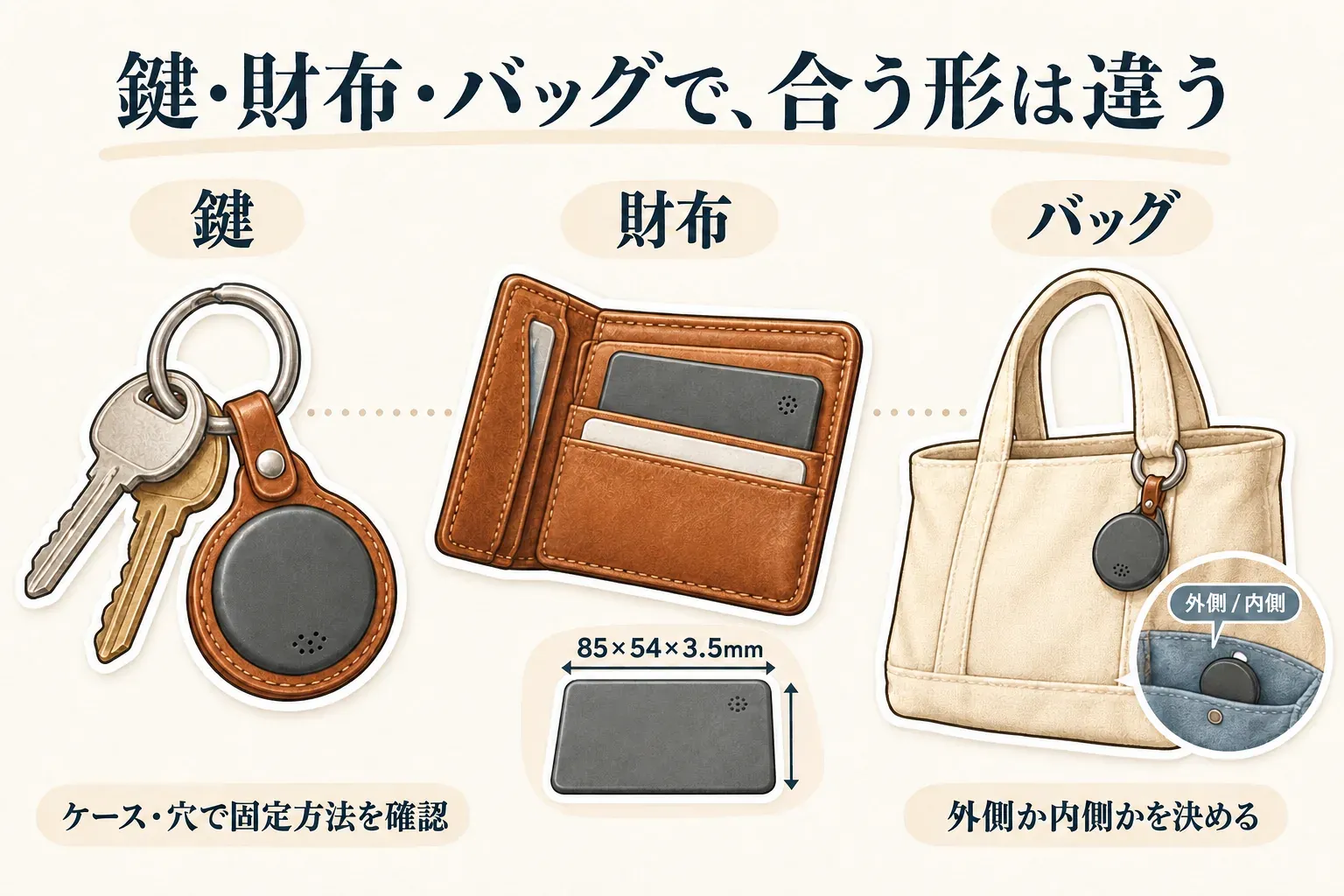 鍵・財布・バッグで合うスマートタグの形が異なることを示す図。鍵はケースや穴で固定方法を確認し、財布は85×54×3.5mmのカード型、バッグは外側に付けるか内側に入れるかを選ぶ。出典：記事で確認した商品説明