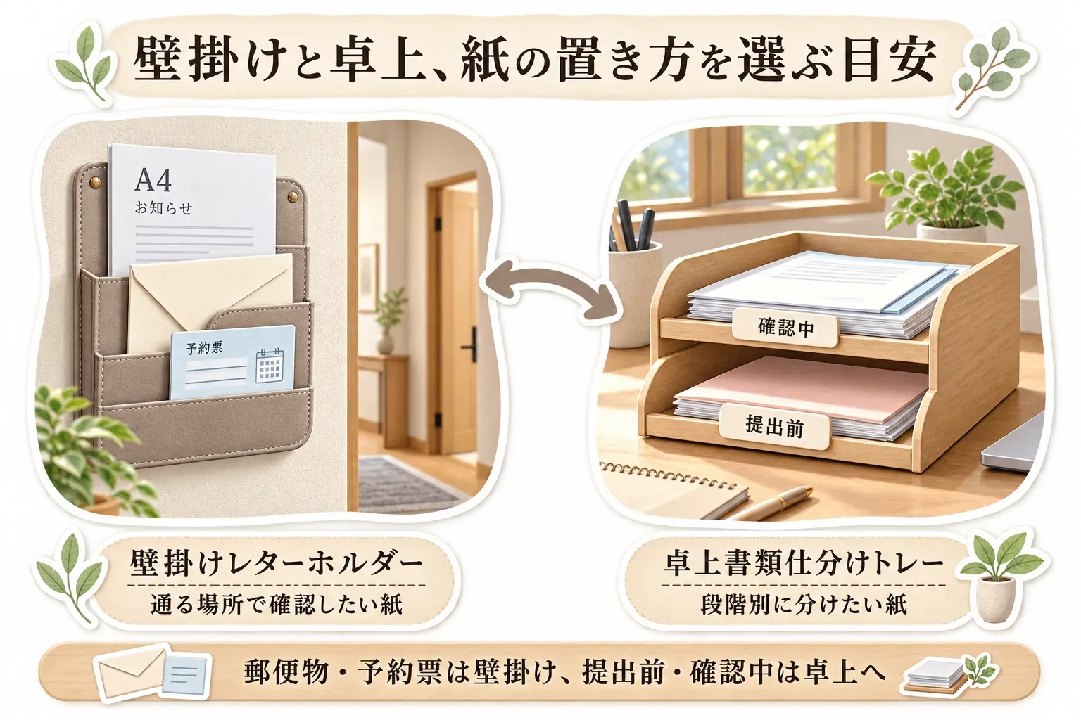壁掛けレターホルダーと卓上書類仕分けトレーの選び方を示す図。壁掛けにはA4のお知らせ、封筒、予約票を入れ、通る場所で確認したい紙に向く。卓上トレーには確認中と提出前の紙を段別に置き、段階別に分けたい紙に向く。郵便物・予約票は壁掛け、提出前・確認中は卓上へ置く流れを示している。出典：記事本文
