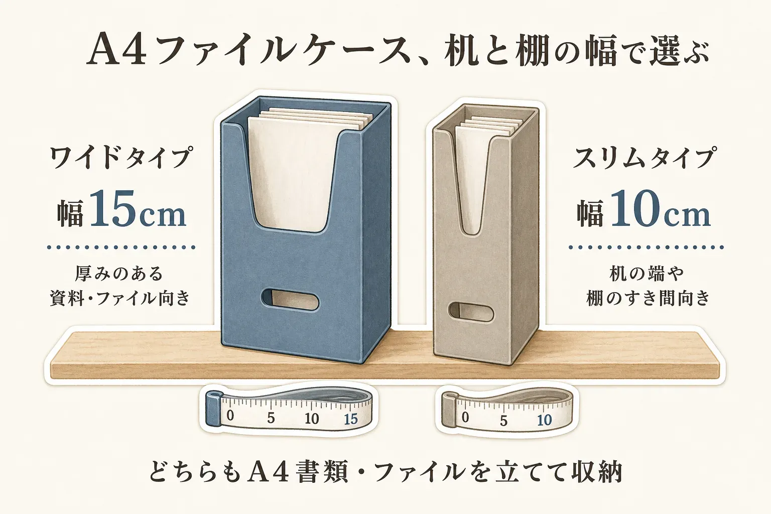 A4ファイルケースを机や棚の幅で選ぶ図。厚みのある資料・ファイルには幅15cmのワイドタイプ、机の端や棚のすき間には幅10cmのスリムタイプが向き、どちらもA4書類・ファイルを立てて収納することを示している。出典：記事本文、商品説明